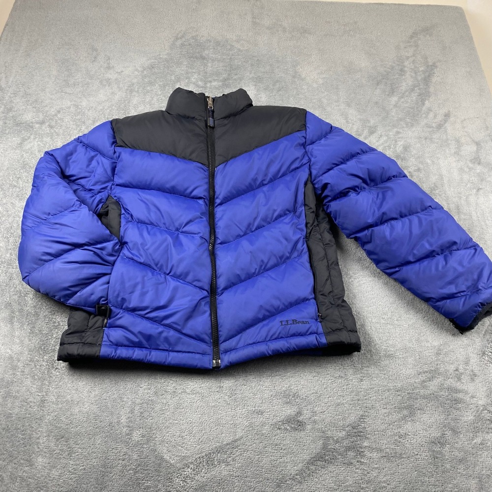 LL Bean Womens S PET Puffer Jacket Blue Black Down Insulated Chevron Quilted